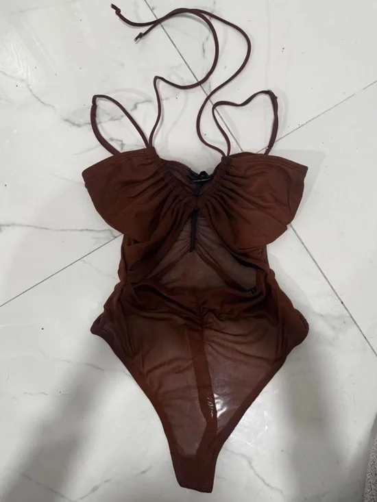 Urban Outfitters Out From Under Brown Mesh Ruched Bodysuit Cutout - Picture 2 of 4